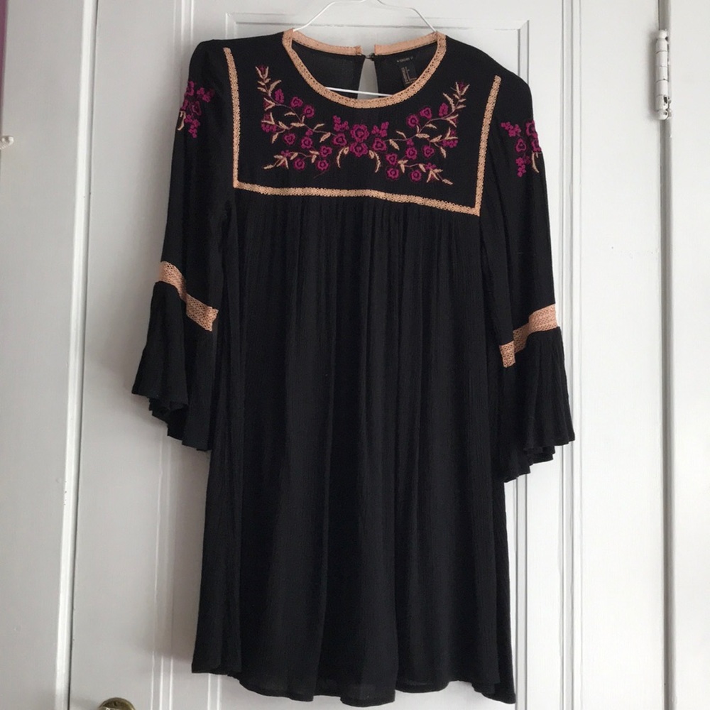 Embroidered boho black mini dress, Forever 21, S